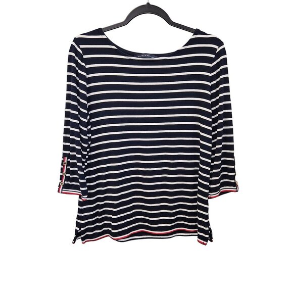 Tommy Hilfiger Women's M Blue White Striped Long Sleeve Pullover Knit Top  2304 - Picture 1 of 8
